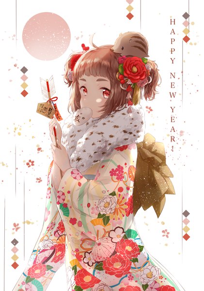Anime picture 2037x2900 with original sena tea29 single tall image looking at viewer highres short hair red eyes brown hair holding ahoge traditional clothes japanese clothes two side up mouth hold floral print new year happy new year animal on head girl