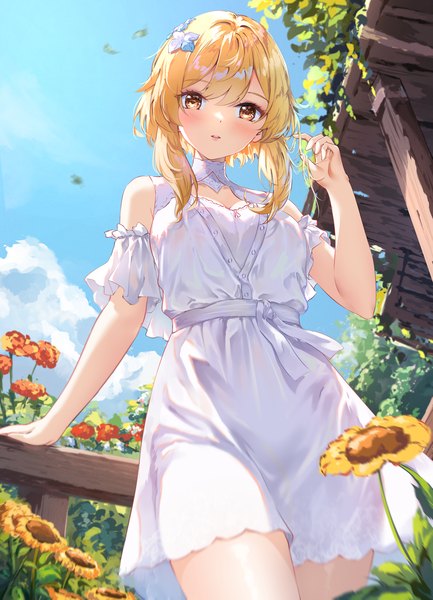 Anime picture 1266x1754 with genshin impact lumine (genshin impact) chahei single long hair tall image looking at viewer blush fringe breasts open mouth blonde hair hair between eyes standing bare shoulders yellow eyes sky cloud (clouds) outdoors arm up