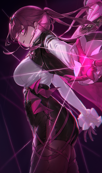 Anime picture 2480x4209 with honkai: star rail honkai (series) kafka (honkai: star rail) chochomi single long hair tall image looking at viewer fringe highres breasts open mouth light erotic standing purple hair ponytail long sleeves :d profile pink eyes