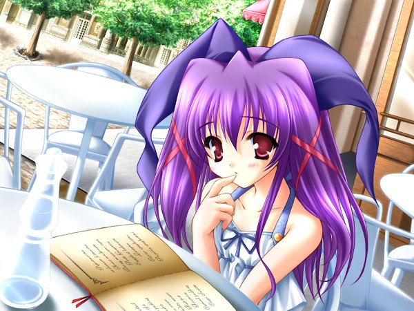 Anime picture 1200x900 with red eyes game cg purple hair loli dress ribbon (ribbons) book (books)