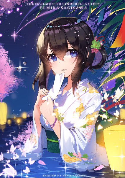 Anime picture 700x990 with idolmaster idolmaster cinderella girls idolmaster cinderella girls starlight stage sagisawa fumika apple caramel single long hair tall image fringe blue eyes hair between eyes brown hair traditional clothes japanese clothes sparkle copyright name character names partially submerged alternate hairstyle hair up