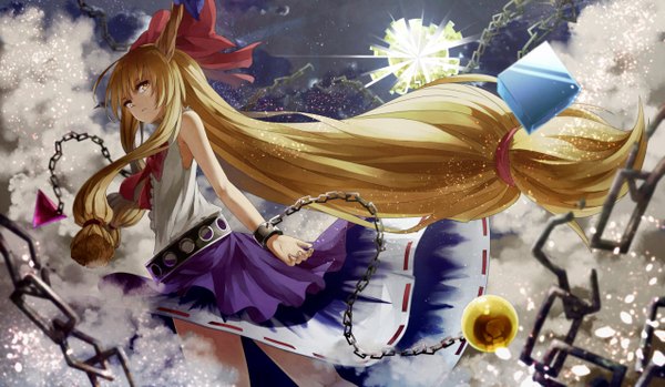 Anime picture 1276x744 with touhou ibuki suika ibuki notsu single looking at viewer blonde hair wide image twintails yellow eyes ponytail very long hair horn (horns) wind sleeveless turning head smoke girl skirt bow hair bow