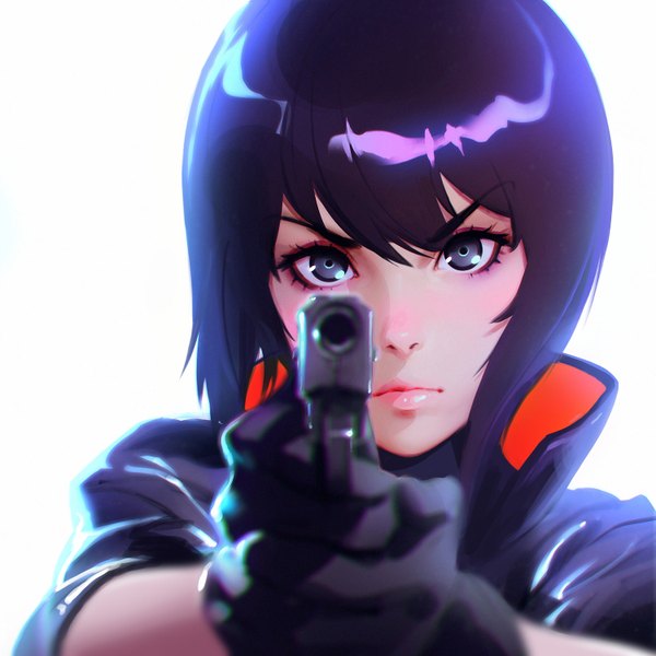 Anime picture 3000x3000 with ghost in the shell ghost in the shell: sac 2045 production i.g kusanagi motoko ilya kuvshinov single looking at viewer fringe highres short hair simple background hair between eyes white background purple hair upper body black eyes girl gloves weapon black gloves