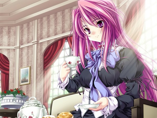 Anime picture 1024x768 with kanojo tachi no ryuugi yumihiki hanoka miyama zero single purple eyes game cg purple hair girl bow cup teacup saucer