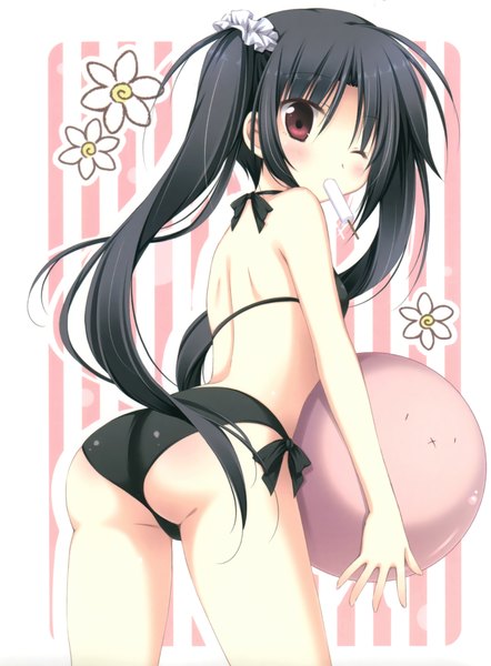 Anime-Bild 2061x2800 mit alice or alice kisaki (alice or alice) korie riko single long hair tall image looking at viewer blush fringe highres light erotic black hair simple background hair between eyes standing twintails holding brown eyes payot ass