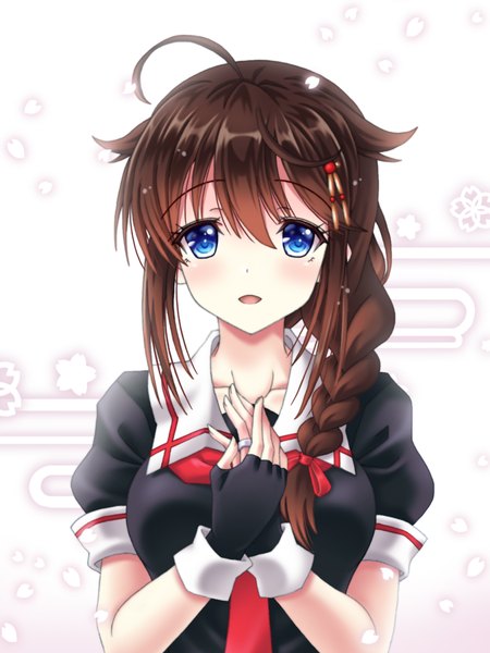 Anime picture 900x1200 with kantai collection shigure destroyer amou yuu single long hair tall image looking at viewer blush fringe open mouth blue eyes hair between eyes brown hair upper body ahoge braid (braids) :d single braid remodel (kantai collection) girl