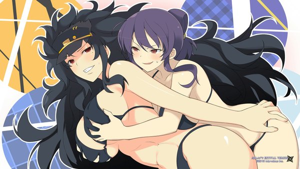 Anime picture 1920x1080 with senran kagura suzune (senran kagura) daidouji (senran kagura) yaegashi nan long hair fringe highres breasts light erotic black hair smile hair between eyes red eyes wide image large breasts multiple girls very long hair from behind mole wallpaper