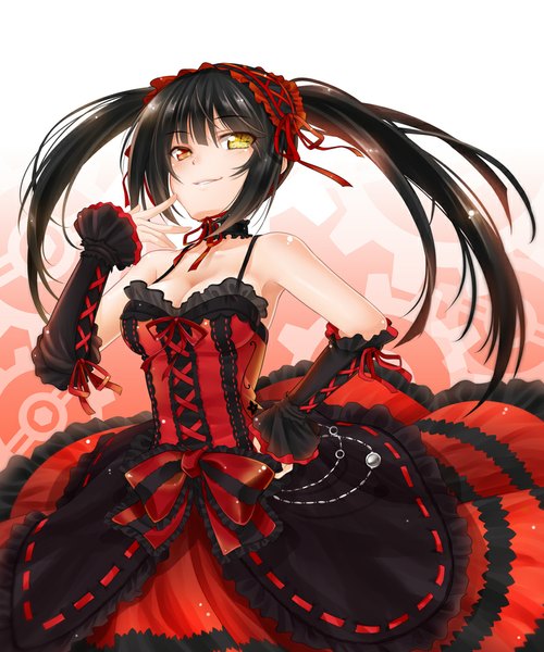 Anime picture 833x1000 with date a live tokisaki kurumi okitakung single long hair tall image blush black hair smile twintails bare shoulders heterochromia girl dress detached sleeves frills headdress