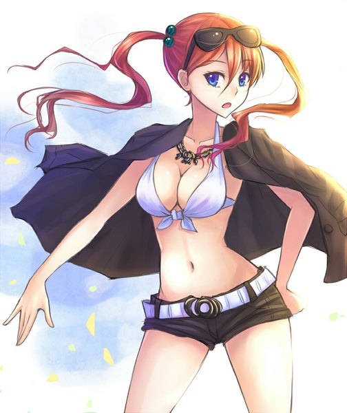 Anime picture 840x1000 with original xia you qing suikakitsu shiro long hair tall image looking at viewer breasts open mouth blue eyes light erotic twintails cleavage red hair midriff girl navel shorts sunglasses bikini top