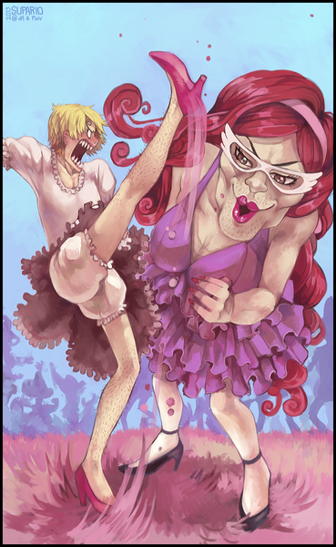 Anime picture 630x1023 with one piece toei animation sanji caroline (one piece) supario long hair tall image blush short hair open mouth blonde hair brown eyes signed pink hair nail polish profile teeth lipstick fighting stance sharp teeth