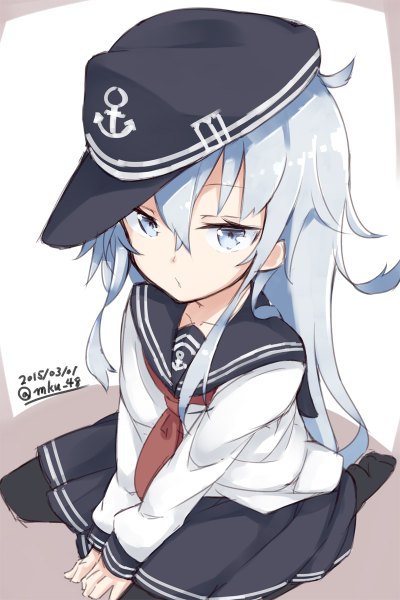 Anime picture 800x1200 with kantai collection hibiki destroyer mku (artist) single long hair tall image looking at viewer blue eyes hair between eyes sitting signed silver hair from above no shoes dated girl uniform pantyhose serafuku flat cap