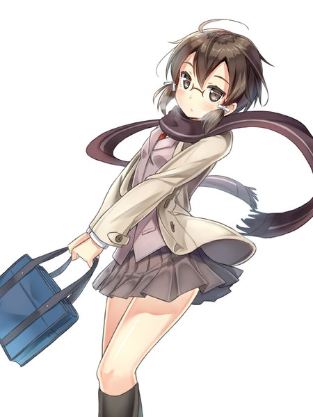 Anime picture 768x1024 with sword art online a-1 pictures asada shino shitou (1992116210) single tall image looking at viewer short hair black hair simple background white background brown eyes girl skirt socks glasses scarf black socks school bag