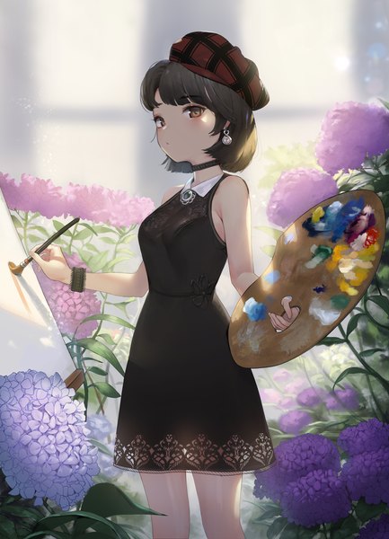 Anime picture 3185x4409 with original romana single tall image looking at viewer blush fringe highres short hair black hair standing bare shoulders holding brown eyes absurdres indoors blunt bangs depth of field sleeveless painting