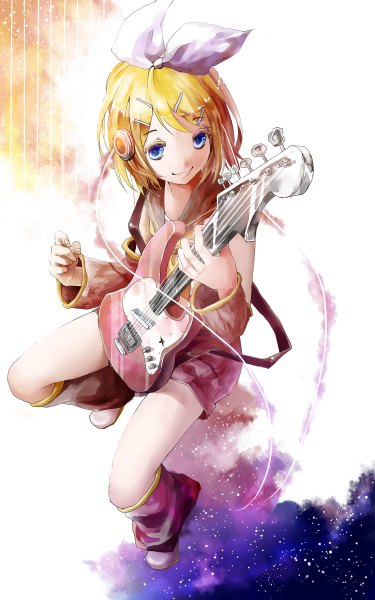 Anime picture 1500x2400 with vocaloid kagamine rin meutan131 single tall image short hair blue eyes blonde hair smile sitting bare shoulders looking away girl hair ornament bow hair bow detached sleeves headphones hairclip guitar