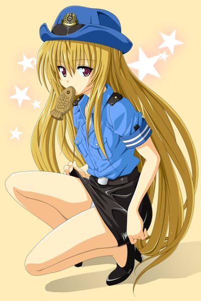 Anime picture 1800x2700 with toloveru darkness konjiki no yami toshi5765 single long hair tall image highres light erotic blonde hair red eyes mouth hold girl skirt uniform miniskirt food sweets star (symbol) peaked cap wagashi