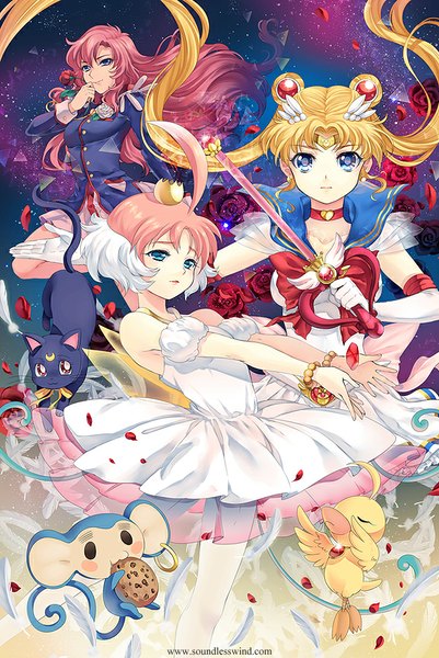 Anime picture 624x932 with bishoujo senshi sailor moon revolutionary girl utena princess tutu toei animation j.c. staff tsukino usagi sailor moon luna (sailor moon) tenjou utena super sailor moon ahiru arima princess tutu (character) ahiru (duck) kaze-hime long hair tall image looking at viewer short hair blue eyes blonde hair