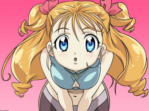 Anime picture 1600x1200 with simoun floe negativezero single long hair looking at viewer breasts open mouth blue eyes blonde hair large breasts :o leaning two side up leaning forward pink background vector girl navel