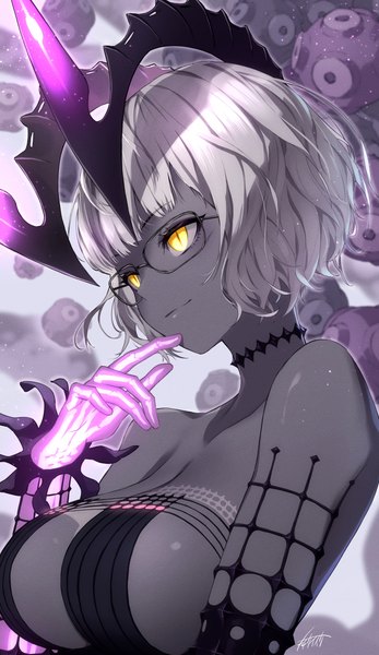 Anime picture 2369x4096 with fate (series) fate/grand order jacques de molay (foreigner) (fate) jacques de molay (foreigner) (third ascension) (fate) omagacchu single tall image highres short hair breasts light erotic large breasts yellow eyes looking away silver hair upper body horn (horns) grey skin girl glasses