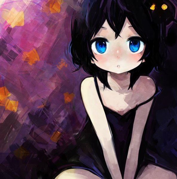 Anime picture 986x1000 with original yami shoujo morina nao single tall image looking at viewer blush short hair breasts blue eyes black hair sitting loli flat chest multicolored girl dress black dress sundress