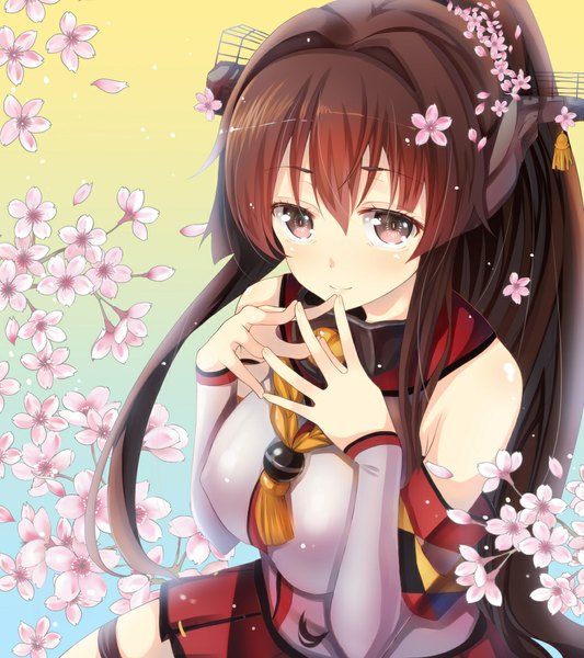 Anime picture 1000x1125 with kantai collection yamato super battleship cyanomirahi single long hair tall image blush smile brown hair purple eyes hair flower girl hair ornament flower (flowers) detached sleeves petals
