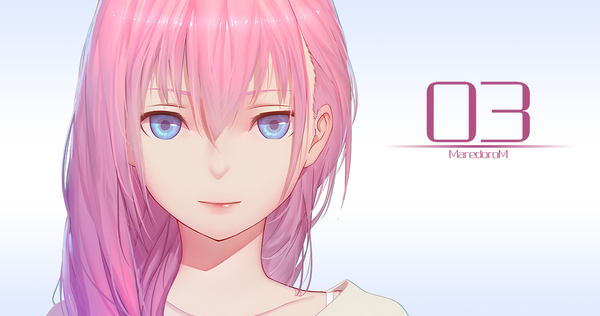 Anime picture 1169x617 with vocaloid megurine luka maredoro single long hair looking at viewer fringe blue eyes simple background smile wide image pink hair inscription close-up girl