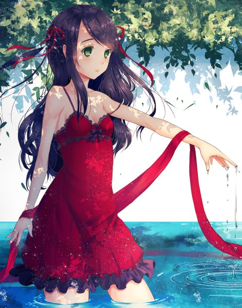Anime picture 975x1240 with original bichon168 single long hair tall image looking at viewer blush open mouth black hair green eyes girl dress ribbon (ribbons) hair ribbon water leaf (leaves) sundress