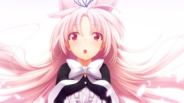 Anime picture 1280x720 with gleam garden no shoujo luna (gleam garden no shoujo) char single long hair blush open mouth simple background red eyes wide image white background animal ears pink hair game cg bunny ears girl dress bow feather (feathers)