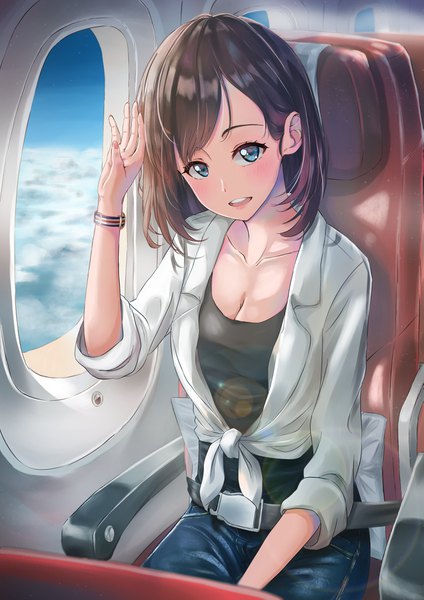Anime picture 2893x4092 with original timo wei95 single tall image looking at viewer blush fringe highres short hair breasts blue eyes brown hair sitting sky cleavage cloud (clouds) teeth lens flare front-tie top airplane interior
