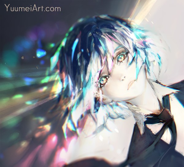 Anime picture 1500x1359 with houseki no kuni diamond (houseki no kuni) yuumei single looking at viewer fringe short hair hair between eyes parted lips multicolored hair aqua hair sparkle watermark multicolored eyes androgynous necktie