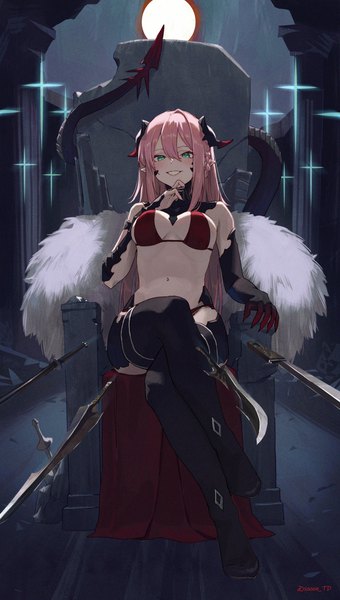 Anime picture 1541x2719 with original sooon single long hair tall image looking at viewer blush fringe breasts light erotic smile hair between eyes large breasts sitting green eyes signed pink hair full body tail horn (horns)