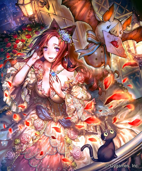 Anime picture 1500x1800 with shingeki no bahamut ceres (shingeki no bahamut) okada manabi single tall image blush breasts open mouth light erotic smile large breasts purple eyes bare shoulders outdoors red hair nail polish :d hair flower night official art