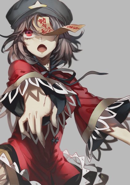 Anime picture 1024x1448 with touhou miyako yoshika no-kan single tall image short hair open mouth simple background red eyes upper body fingernails grey hair grey background looking up long fingernails pointing covering eye (eyes) pointing at viewer jiangshi zombie pose