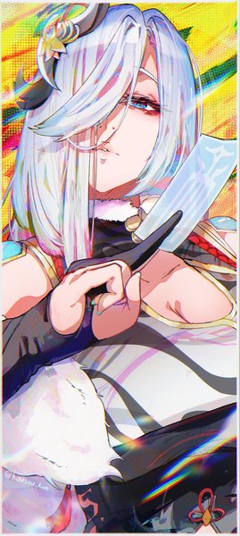 Anime picture 998x2222 with genshin impact shenhe (genshin impact) housou-chan single long hair tall image looking at viewer fringe breasts blue eyes holding signed cleavage silver hair upper body parted lips hair over one eye alternate costume twitter username border