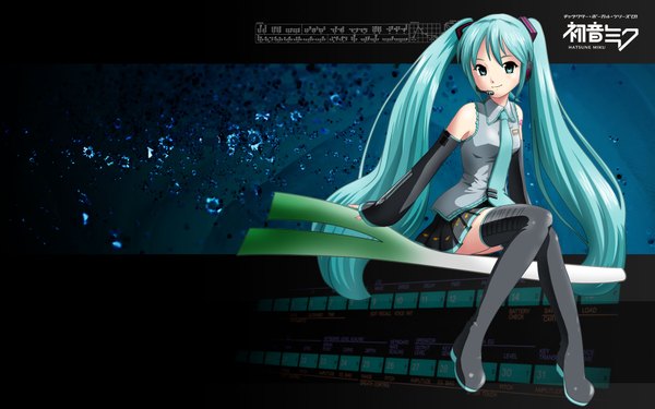 Anime picture 1920x1200 with vocaloid hatsune miku long hair looking at viewer highres smile wide image sitting twintails bare shoulders aqua eyes aqua hair wallpaper girl detached sleeves thigh boots leek
