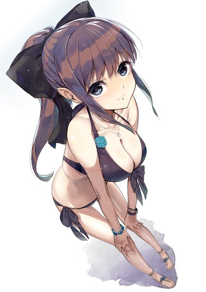 Anime picture 776x1100 with original dekappara futoriusu single long hair tall image looking at viewer breasts light erotic simple background brown hair large breasts white background ponytail from above black eyes shadow girl bow swimsuit hair bow