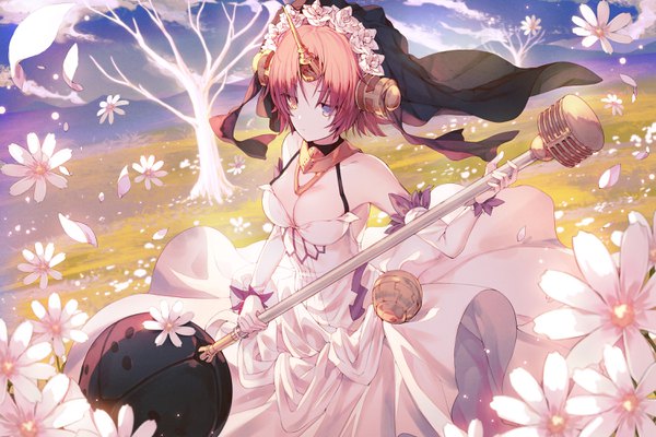 Anime picture 3000x2000 with fate (series) fate/grand order frankenstein's monster (fate) kh (kh 1128) single highres short hair breasts bare shoulders looking away pink hair sky cleavage horn (horns) from above heterochromia bare tree girl dress flower (flowers)
