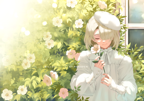 Anime picture 2105x1488 with genshin impact freminet (genshin impact) hanapen single fringe highres short hair blonde hair holding signed upper body outdoors eyes closed long sleeves hair over one eye alternate costume sleeves past wrists boy flower (flowers) beret