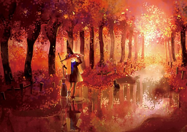 Anime picture 1000x707 with original tobi (kotetsu) single long hair open mouth blue eyes blonde hair looking away autumn girl dress plant (plants) animal tree (trees) water scarf leaf (leaves) cat witch hat broom