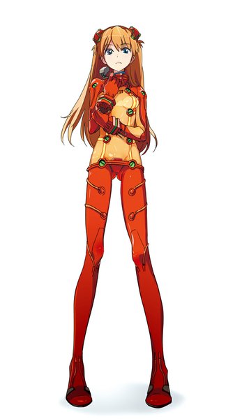 Anime picture 614x1060 with neon genesis evangelion gainax soryu asuka langley mebae single long hair tall image looking at viewer blue eyes light erotic simple background brown hair standing white background full body girl pilot suit