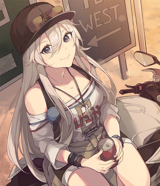 Anime picture 1433x1672 with azur lane enterprise (azur lane) enterprise (anniversary ride) (azur lane) lululu luuuuuun single long hair tall image looking at viewer fringe smile hair between eyes sitting purple eyes bare shoulders holding payot outdoors from above grey hair off shoulder
