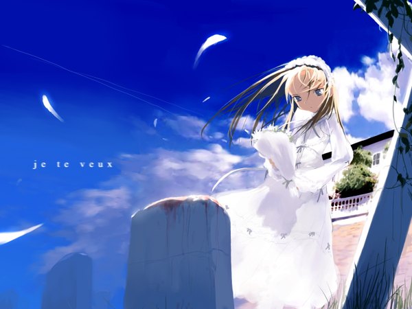 Anime picture 2800x2100 with original kusaka souji single long hair highres blonde hair sky cloud (clouds) wind grey eyes girl dress flower (flowers) plant (plants) petals tree (trees) hairband white dress blood bouquet