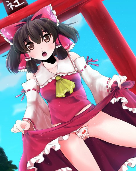 Anime picture 1500x1885 with touhou hakurei reimu yrzirst (artist) single tall image blush short hair open mouth light erotic black hair brown eyes japanese clothes skirt lift miko upskirt girl skirt bow hair bow detached sleeves