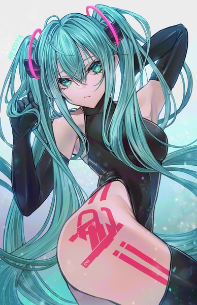 Anime-Bild 3300x5100 mit vocaloid hatsune miku nekodayo22 single long hair tall image looking at viewer fringe highres breasts light erotic simple background hair between eyes twintails absurdres aqua eyes aqua hair arms up tattoo alternate costume