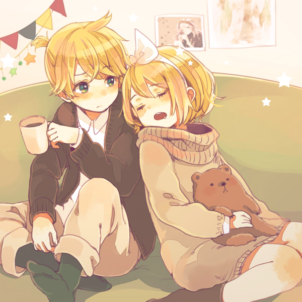 Anime picture 1447x1447 with vocaloid kagamine rin kagamine len kamogawa akira blush fringe short hair blue eyes blonde hair hair between eyes looking away ponytail eyes closed saliva sleeping siblings twins brother and sister girl boy