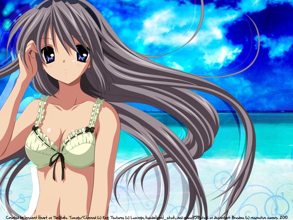Anime picture 1600x1200 with clannad key (studio) sakagami tomoyo long hair purple eyes cloud (clouds) grey hair beach girl hairband