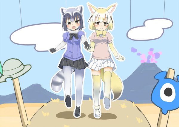 Anime picture 2200x1568 with kemono friends yama no susume 8bit fennec (kemono friends) common raccoon (kemono friends) sekira ame looking at viewer blush highres short hair open mouth black hair blonde hair smile multiple girls brown eyes animal ears tail :d animal tail