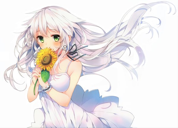 Anime picture 2087x1499 with original anceril sacred mishima kurone single long hair looking at viewer blush highres simple background white background bare shoulders green eyes white hair hands clasped interlocked fingers girl dress hair ornament flower (flowers) ribbon (ribbons)