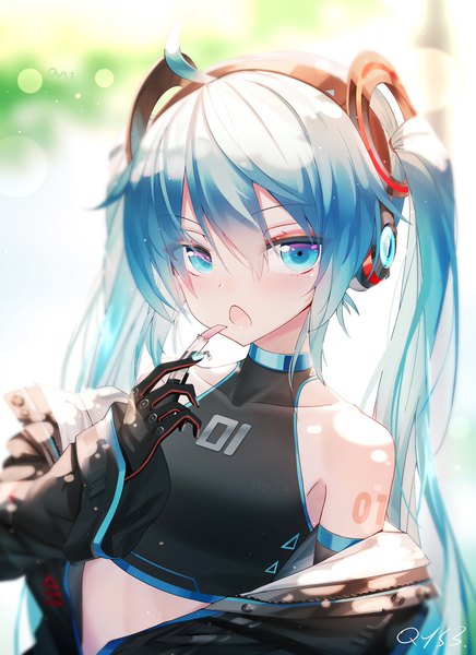 Anime picture 1300x1788 with vocaloid hatsune miku qys3 single long hair tall image looking at viewer blush fringe open mouth twintails bare shoulders signed payot upper body ahoge aqua eyes off shoulder aqua hair open jacket