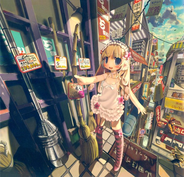 Anime picture 2000x1920 with original john hathway blush highres blonde hair city cityscape witch girl thighhighs sundress child (children)