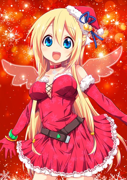 Anime picture 800x1131 with chikanoko amatsuka poi ragho no erika single long hair tall image looking at viewer open mouth blue eyes blonde hair :d fur trim christmas red background girl dress gloves hat wings elbow gloves